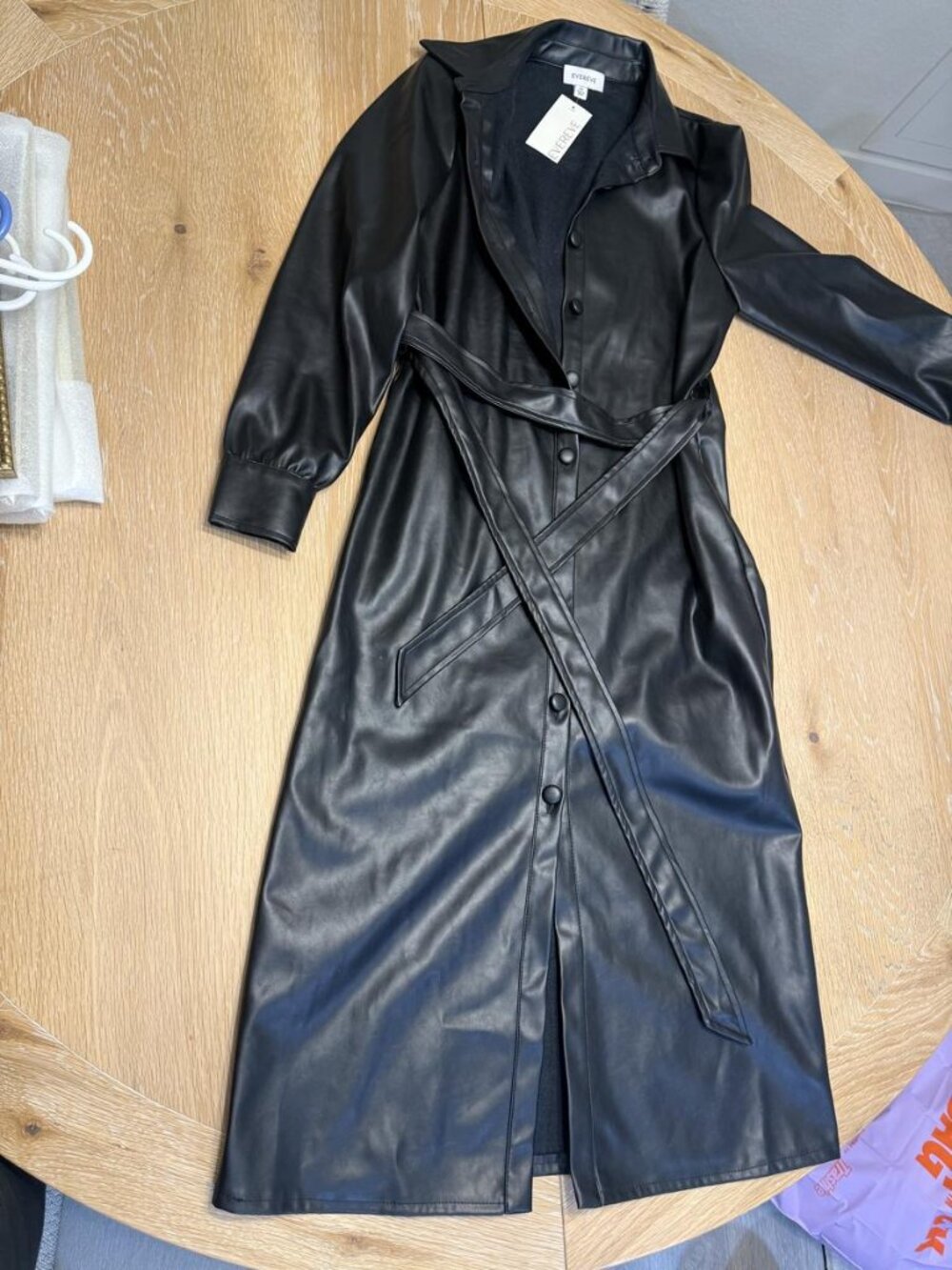 Evereve Faux Leather Shirt Dress Black Belted Size XS NWT